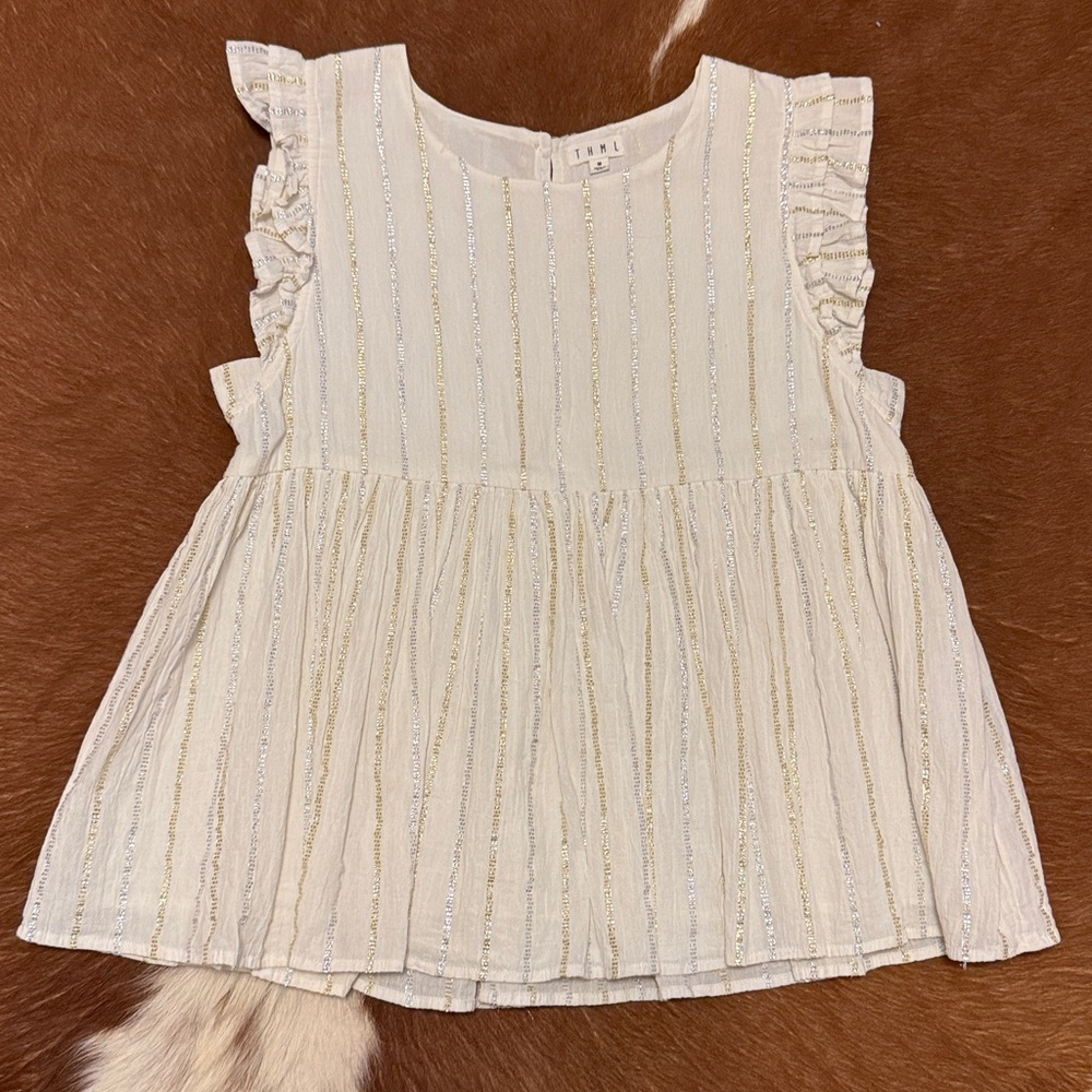 THML Cream Top with Gold & Silver Metallic Stripes and Ruffle Sleeves